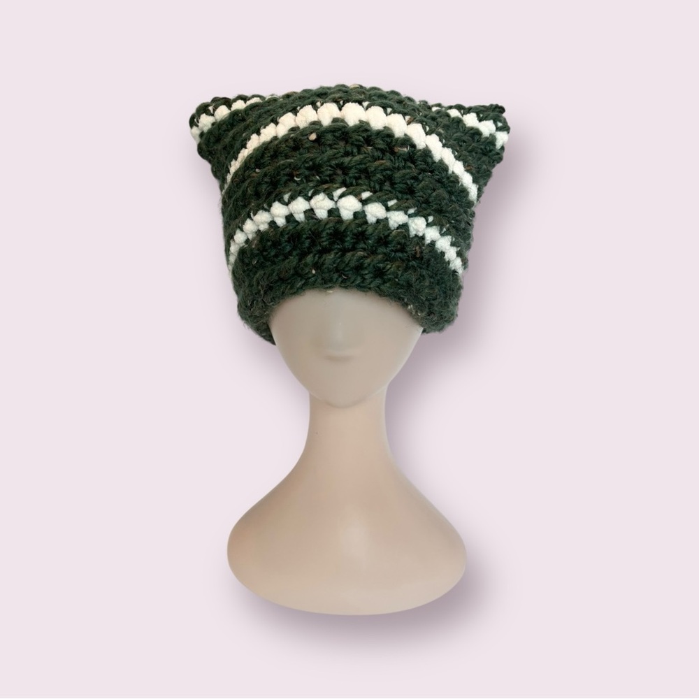 Chunky Knit Green and White Beanie